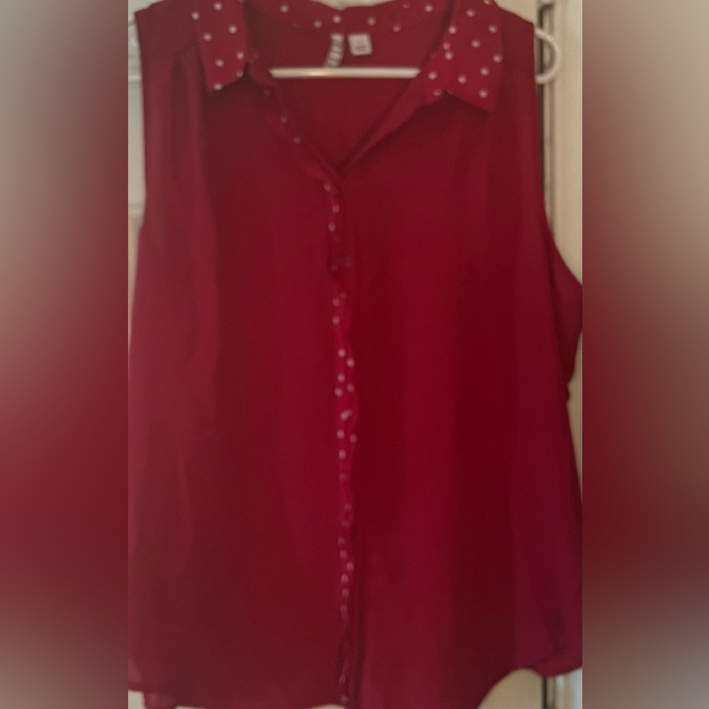 Elle Pink Sleeveless Notched Collar Button Down Shirt size large women polka dot